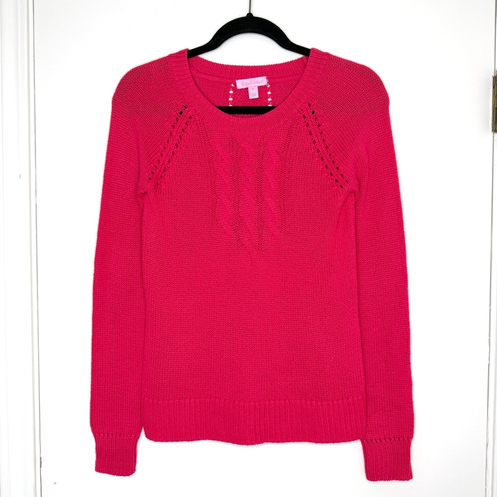 Lilly Pulitzer Pink Cable Knit Pointelle Eyelet Crewneck Sweater XS